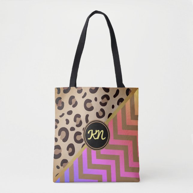 Monogram Rainbow Leopard Print Chevron Two-Tone  Tote Bag (Front)