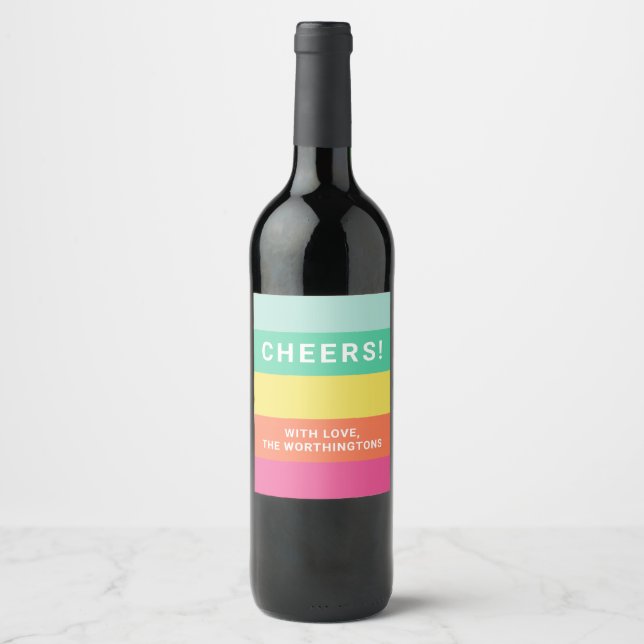 Monogram Rainbow Sherbet Colour Block Personalised Wine Label (Front)