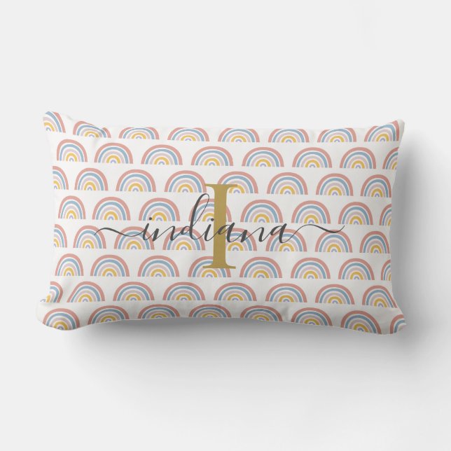 Monogram Rainbow Watercolor Boho Script  Lumbar Cushion (Front)