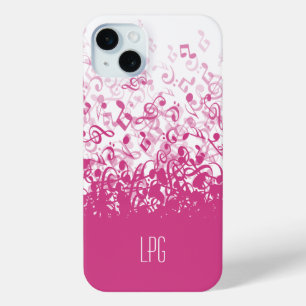 Monogram Raining Music Notes Fuchsia Pink iPhone 15 Mini Case