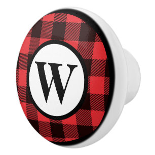 Monogram Red and Black Buffalo Plaid  Ceramic Knob