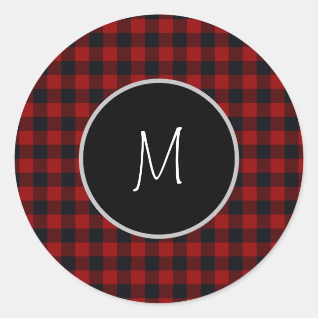 Monogram Red and Black Buffalo Plaid Classic Round Sticker (Front)