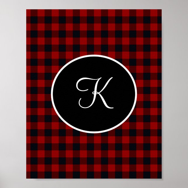 Monogram Red and Black Buffalo Plaid  Faux  Poster (Front)
