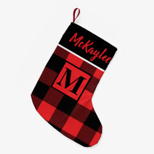 Monogram Red and Black Buffalo Plaid Personalised Small Christmas Stocking