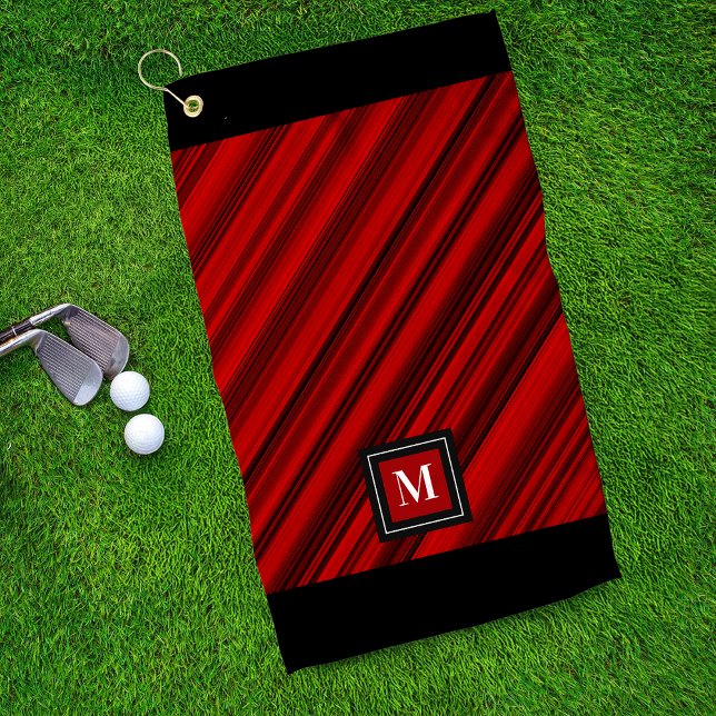Monogram Red and Black Diagonal Stripes Custom Golf Towel (Creator Uploaded)