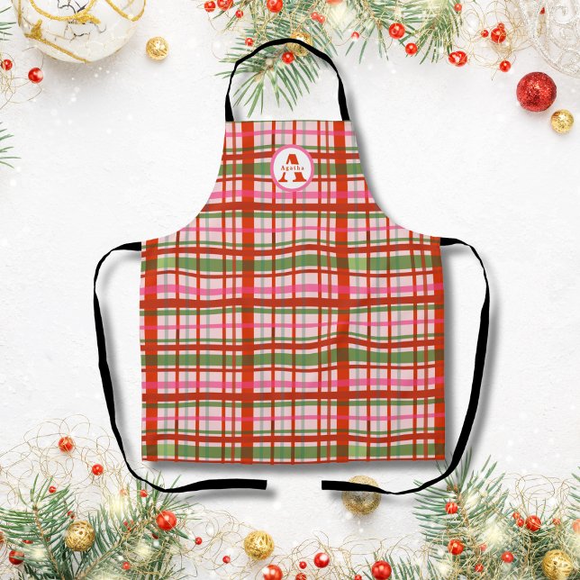 Monogram Red And Green Scottish Christmas Tartan Apron (Creator Uploaded)