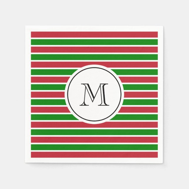 Monogram Red and Green Stripes Holiday Christmas Napkin (Front)