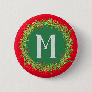 Monogram Red and Green Wreath Christmas 6 Cm Round Badge