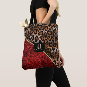 Monogram - Red and Leopard Pattern Tote Bag