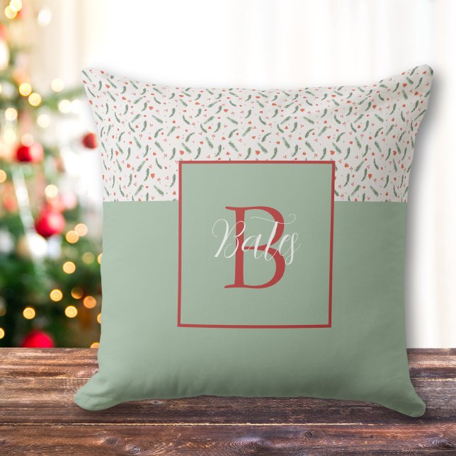 Monogram Red and Light Green Holiday Pattern Cushion (Creator Uploaded)