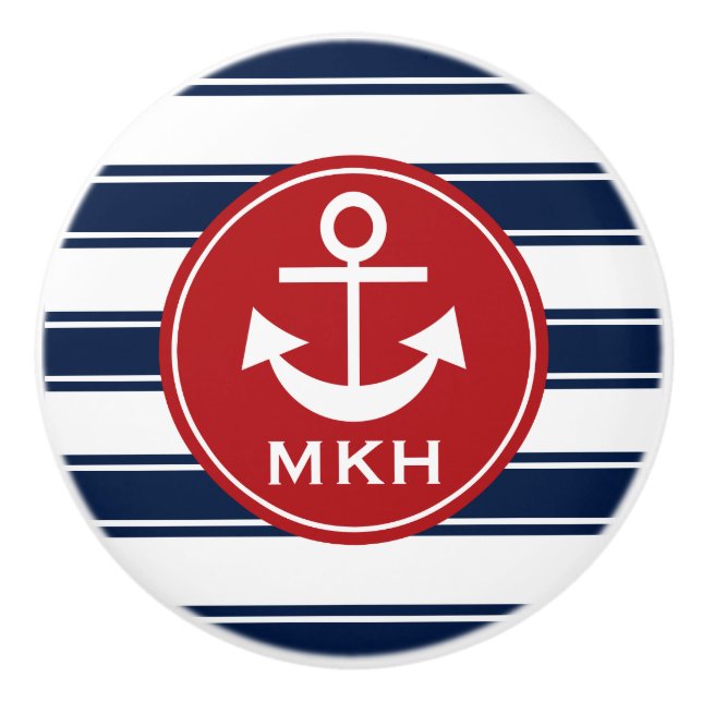 Monogram Red and Navy Anchor Ceramic Knob (Front)