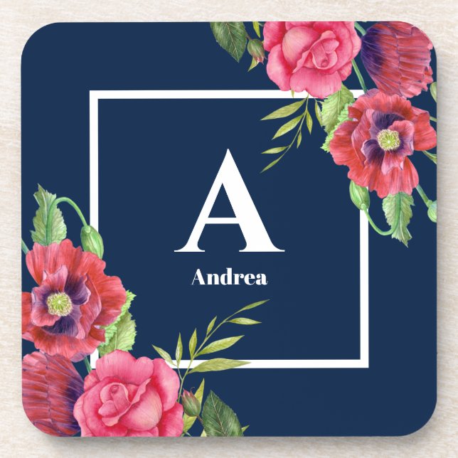 Monogram Red and Pink Flowers Dark Navy Blue Coaster (Front)