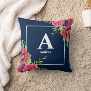 Monogram Red and Pink Flowers Dark Navy Blue Cushion