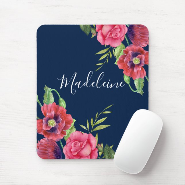 Monogram Red and Pink Flowers Dark Navy Blue Mouse Pad (With Mouse)