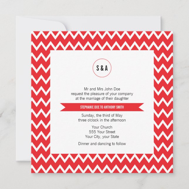 Monogram Red and White Chevron Pattern Wedding Invitation (Front)