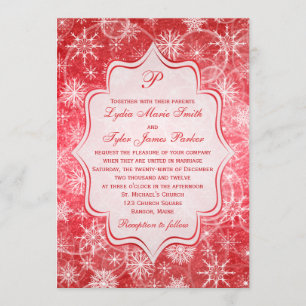 Monogram Red and White Snowflakes Wedding Invite 2