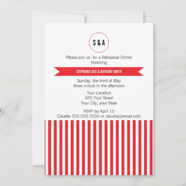 Monogram Red and White Stripes Pattern Rehearsal Invitation (Front)