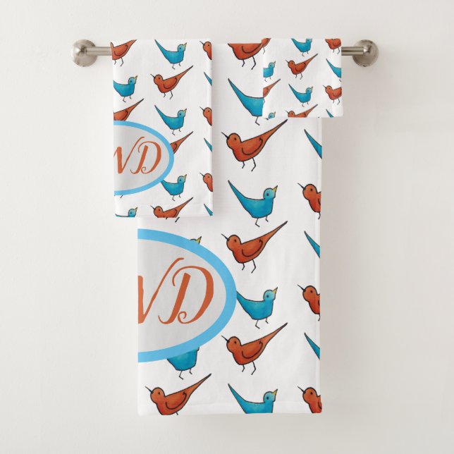 Monogram Red Bird Bluebird Bath Towel Set (Insitu)