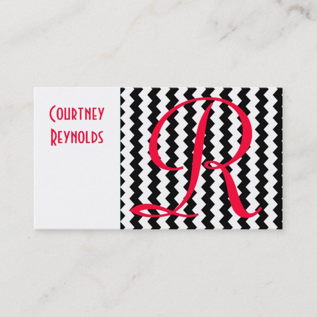 Monogram Red Black and White Chevron Pattern Business Card (Front)