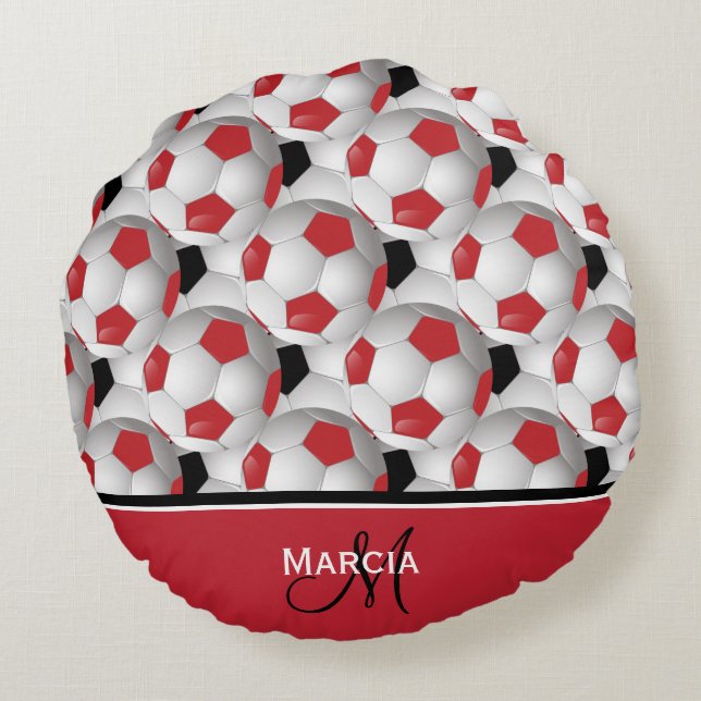 Monogram Red Black and White Soccer Ball Pattern Round Cushion (Back)