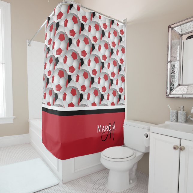 Monogram Red Black and White Soccer Ball Pattern Shower Curtain (In Situ)