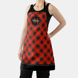 Monogram Red Black Buffalo Plaid Apron
