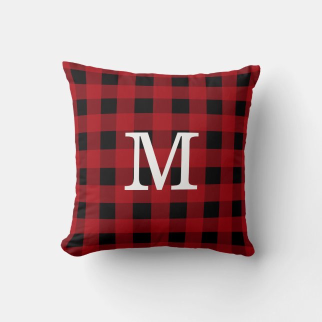 Monogram Red Black Buffalo Plaid Rustic Cabin Cushion (Front)