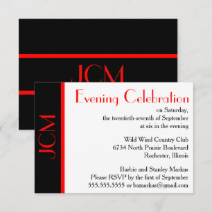 Monogram Red Black Evening Celebration RSVP White Invitation