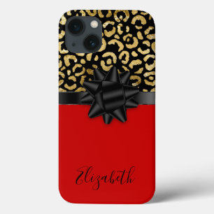Monogram Red Black Gold Leopard Print Bow Trendy  iPhone 13 Case
