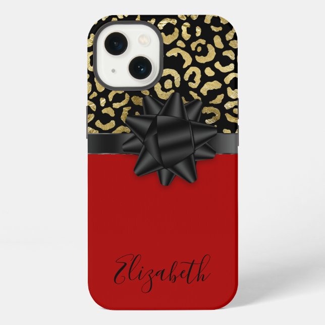 Monogram Red Black Gold Leopard Print Bow Trendy  iPhone Case (Back)