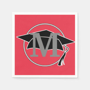 Monogram Red Black Graduation Cap Party Napkin