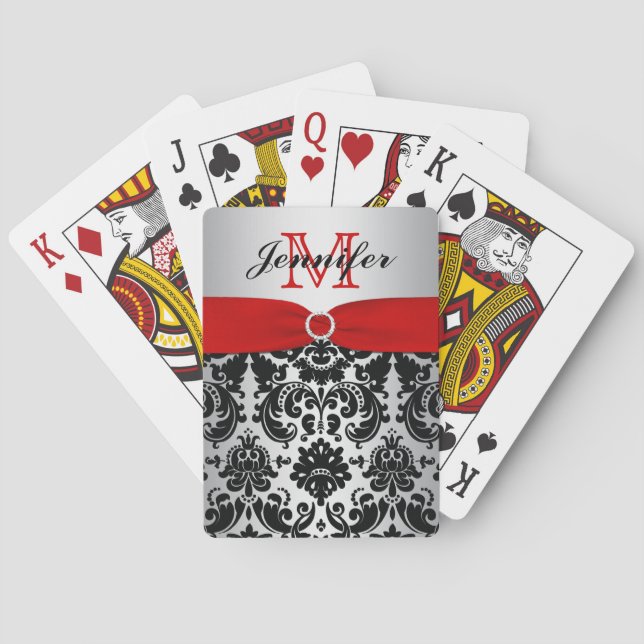 Monogram Red Black Silver Damask Playing Cards (Back)