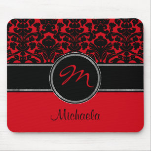 Monogram Red Black White Damask Mousepad
