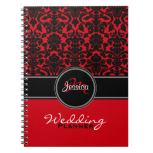 Monogram Red Black White Damask Wedding Planner Notebook