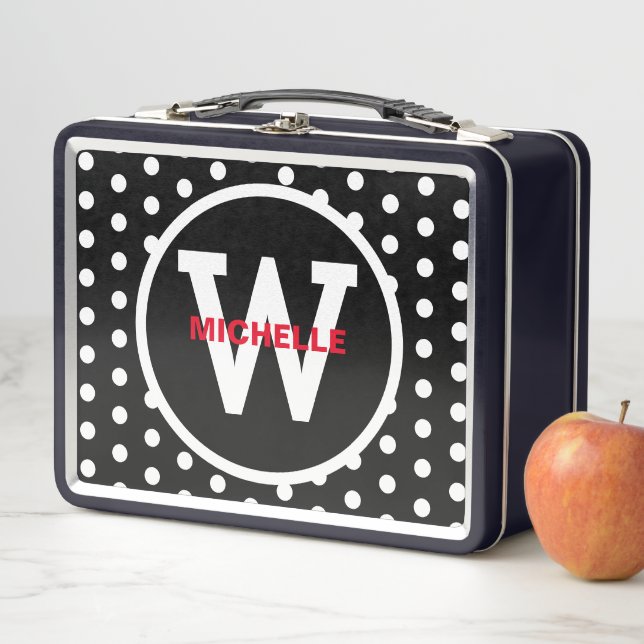 Monogram Red Black White Polka Dots  Metal Lunch Box (In Situ)