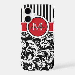 Monogram Red Black White Striped Damask