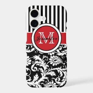 Monogram Red Black White Striped Damask