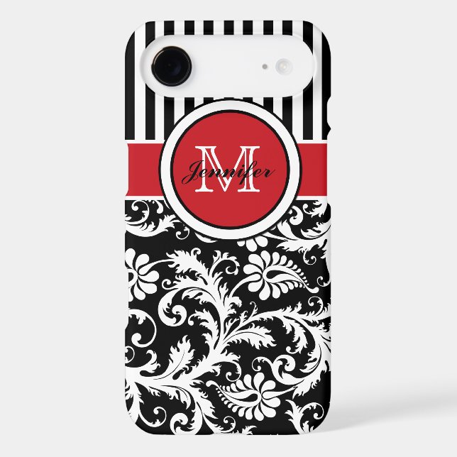 Monogram Red Black White Striped Damask Case-Mate iPhone Case (Back)