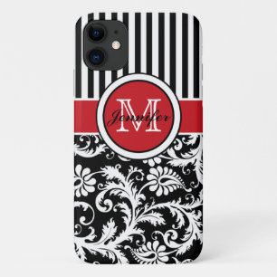 Monogram Red Black White Striped Damask iPhone 11 Case