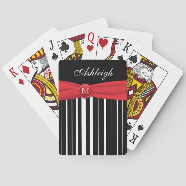 Monogram Red Black White Striped Playing Cards (Back)