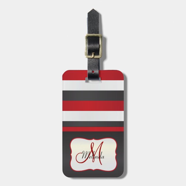 Monogram | Red, Black White Stripes Luggage Tag (Front Vertical)