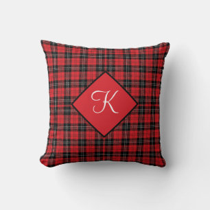 Monogram Red Black White Tartan Buffalo Plaid  Cushion