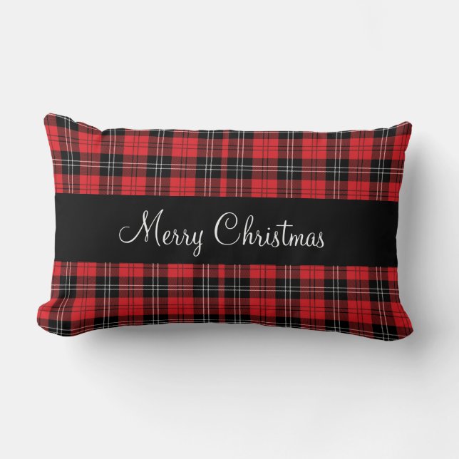 Monogram Red Black White Tartan Buffalo Plaid Lumbar Cushion (Front)