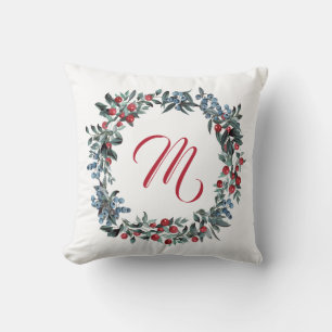 Monogram Red Blue Berries watercolor wreath Cushion