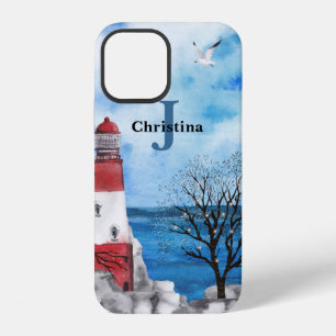 Monogram Red & Blue Lighthouse Watercolor Art iPhone 12 Case
