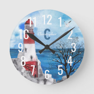 Monogram Red & Blue Lighthouse Watercolor Art Round Clock