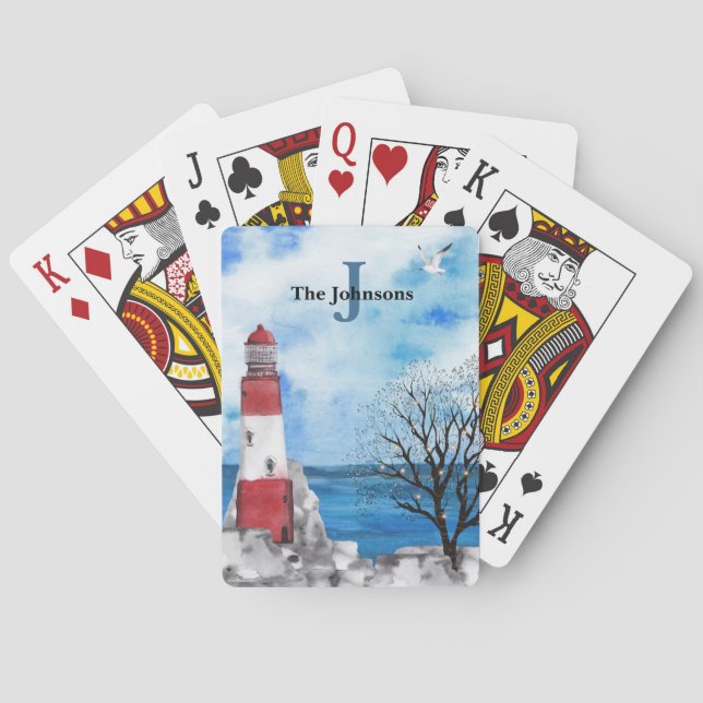 Monogram Red & Blue Lighthouse Watercolor Scene Pl Playing Cards (Back)
