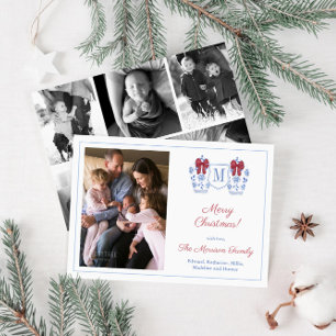 Monogram Red Blue Photo Collage Merry Christmas Holiday Card