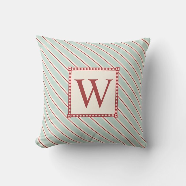 Monogram Red Blue Stripe Throw Pillow (Front)