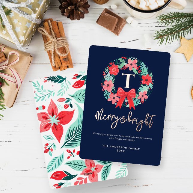 Monogram Red Bow Wreath Blue Christmas  Foil Holiday Card (Creator Uploaded)